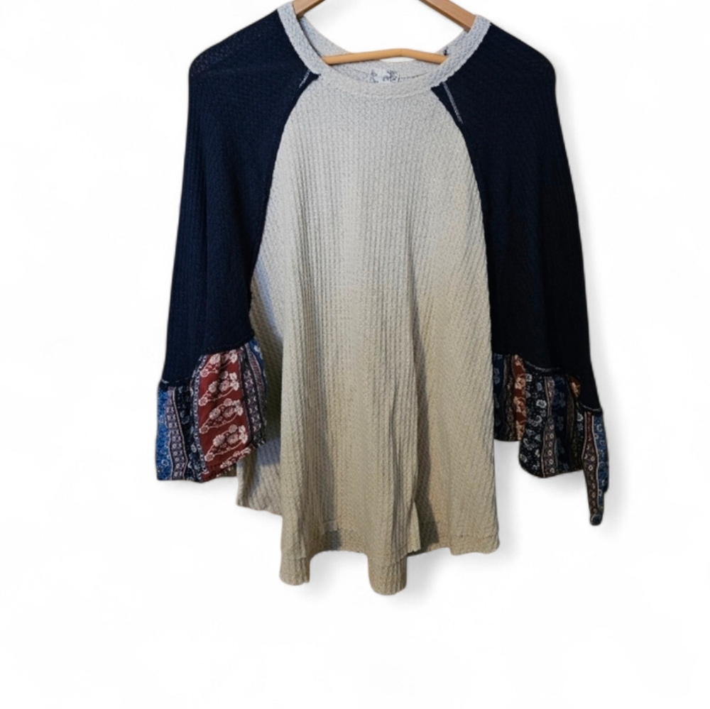 BLU PEPPER Patchwork Waffle Knit Boho Top - Medium